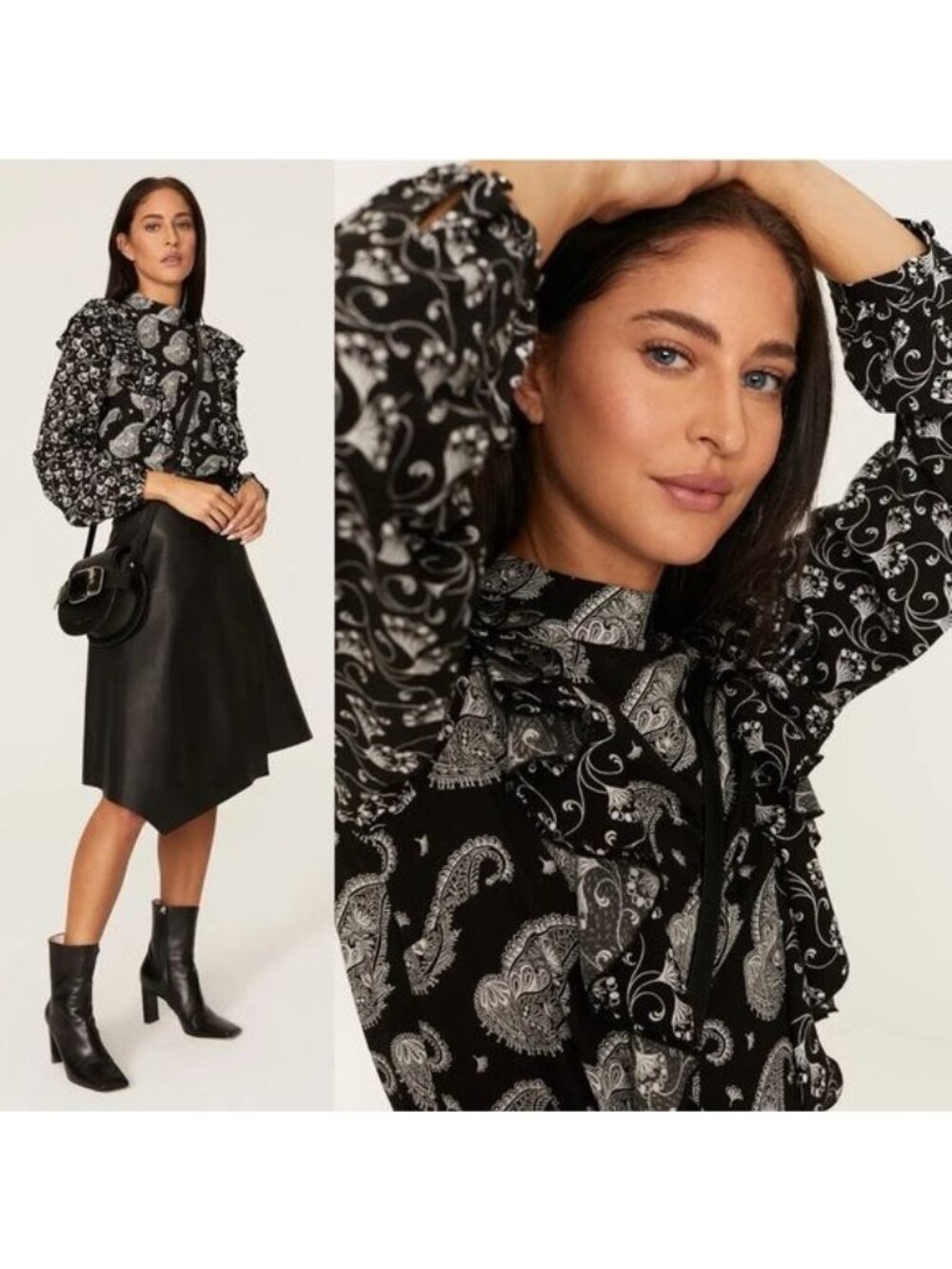Ted Baker Tiasey Paisley Ruffle Blouse Top 0 Black High Neck Waterfall Frill